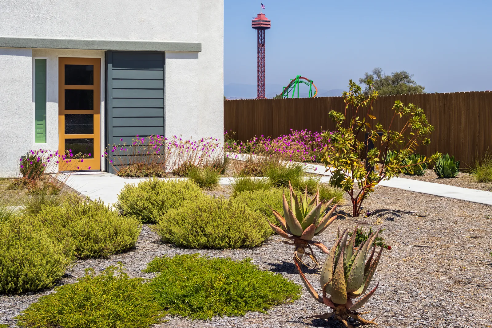 Water-wise front yard with gravel paths and drought-tolerant plants